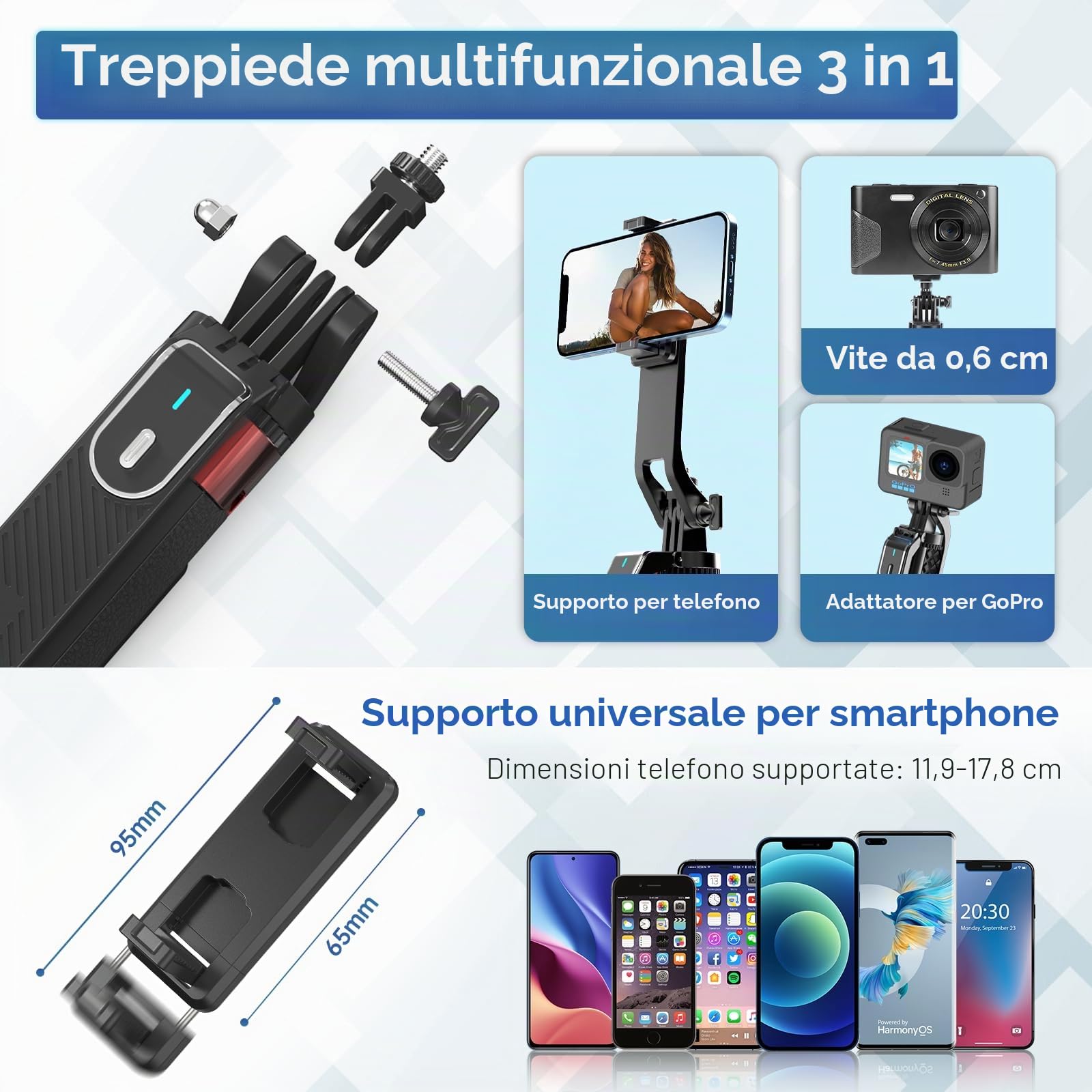 180CM Treppiede per cellulare, Ulanzi Selfie Stick Quad Tripod con telecomando Bluetooth, rotazione di 360° in alluminio estensibile treppiede Smartphone, compatibile, iPhone, Xiaomi, Huawei