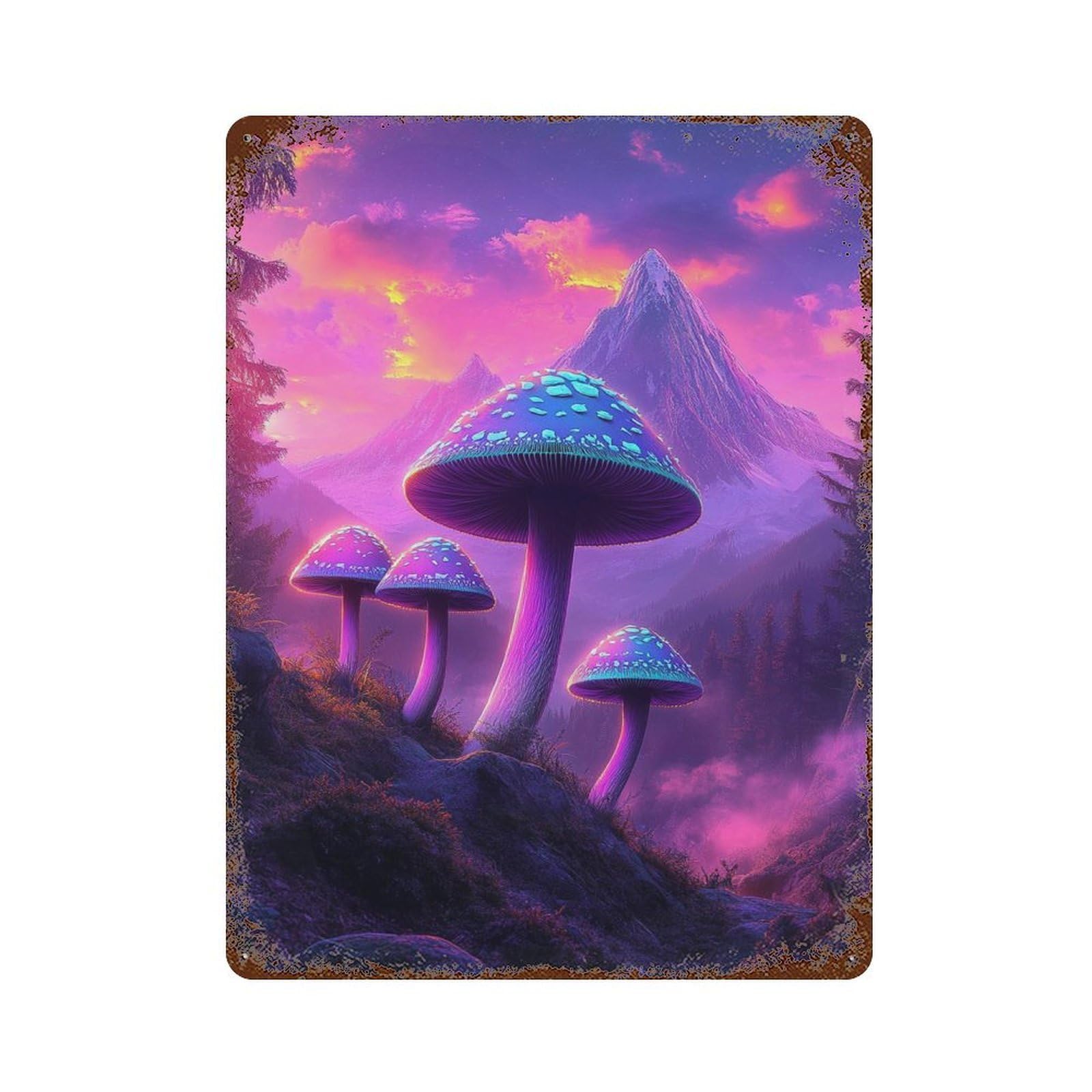 Rust Effect Enchanted Mushroom Forest Rustic Tin Plaque 15.7"x11.8", Industrial Home Decor for Bistro, Counter And Cafe Decor