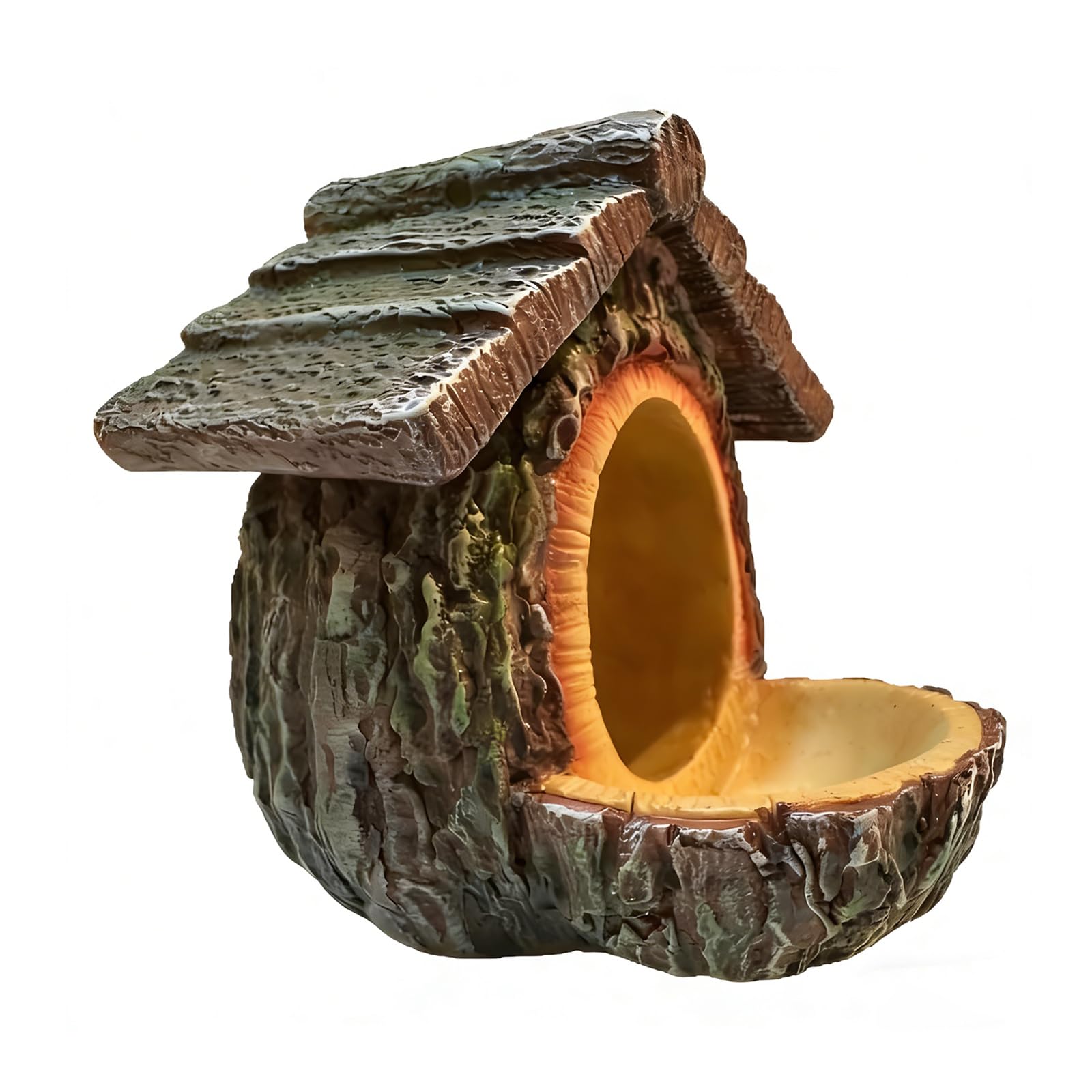 Comedero de pájaros con forma de cabaña de árbol vintage, comederos para pájaros para exteriores, escultura montada en árbol de resina impermeable, diseño abierto, casa de pájaros con bandeja de