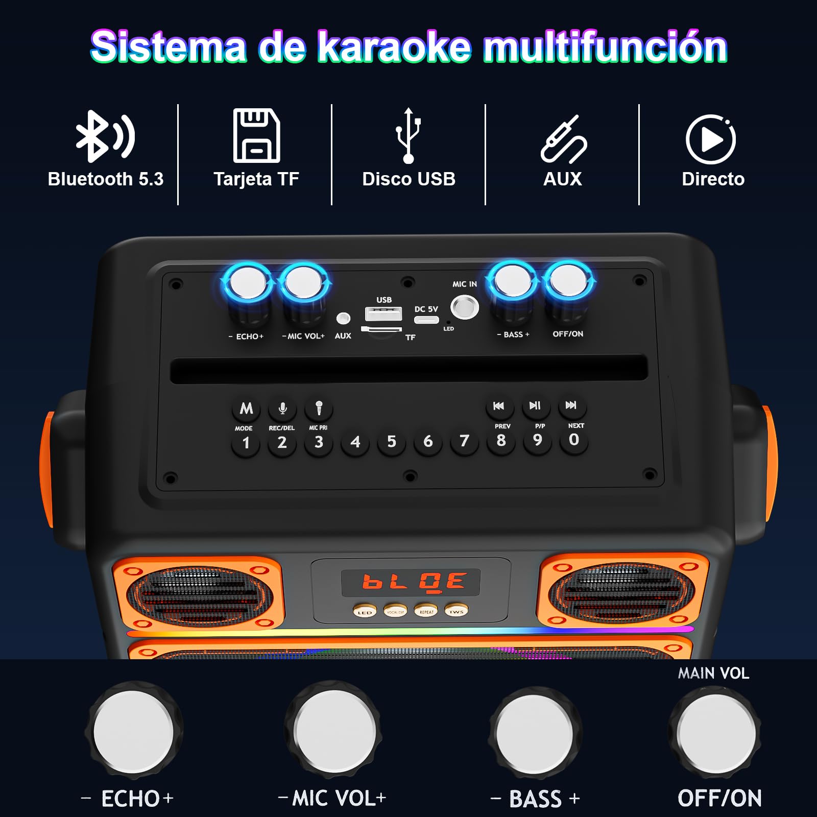 GuKKK Karaoke, Altavoz Bluetooth Portátil para Adultos y Niños con 2 Micrófonos Inalámbricos, Altavoz de Karaoke Bluetooth con Luces LED, Karaoke Profesional Completo, Soporta TF/USB/AUX/FM/TWS(Negro)