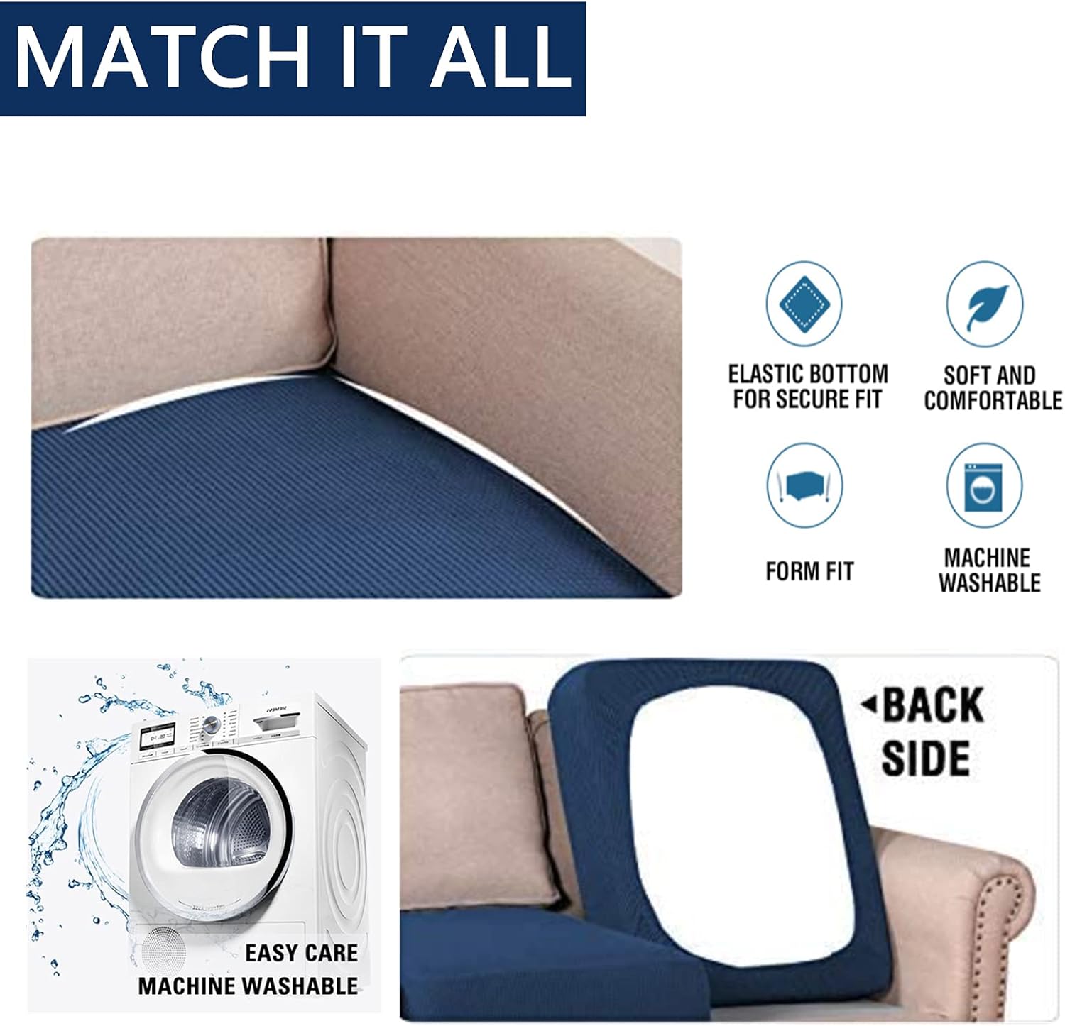 Stretch Sofa Cushion Covers 1-Piece Set - Super Soft Jacquard Textured Fabric, Fits Most Seat Cushions, Easy Fit Elastic Design (Navy, 1)