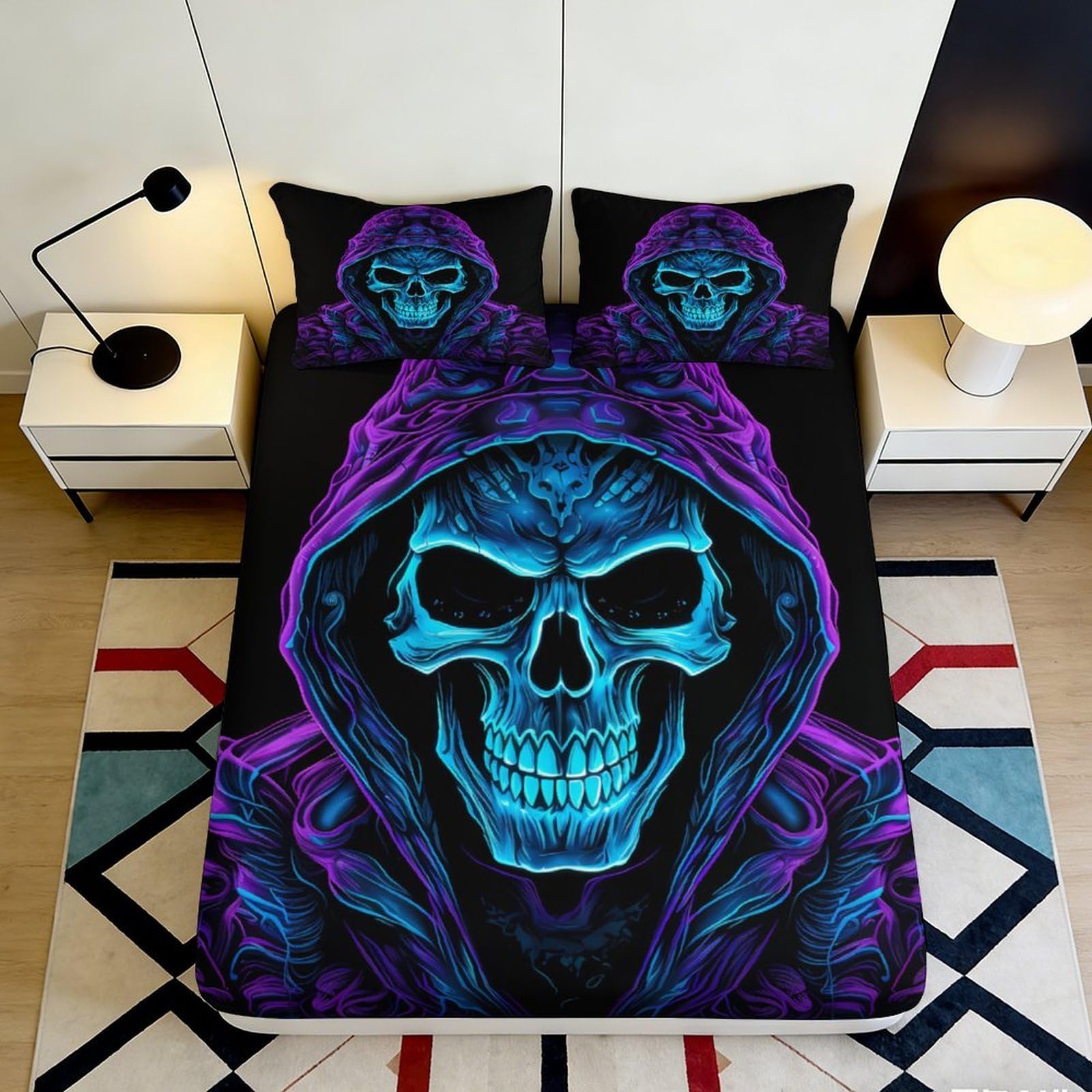 3D Printed Neon Skull Fitted Sheet Microfiber Soft Breathable Hooded Skeleton Bed Cover for Bedroom Dormitory Guest Room Mattress Protection 140x200x25cm