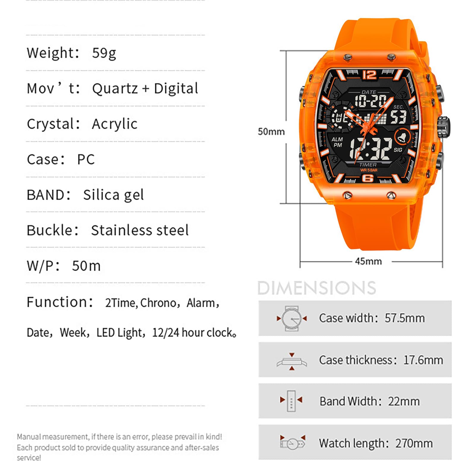 findtime Tonneau - Reloj de pulsera para hombre, rectangular, elegante, único, con alarma, cronómetro, fecha, calendario, analógico, reloj digital, multicolor, para niños y adolescentes