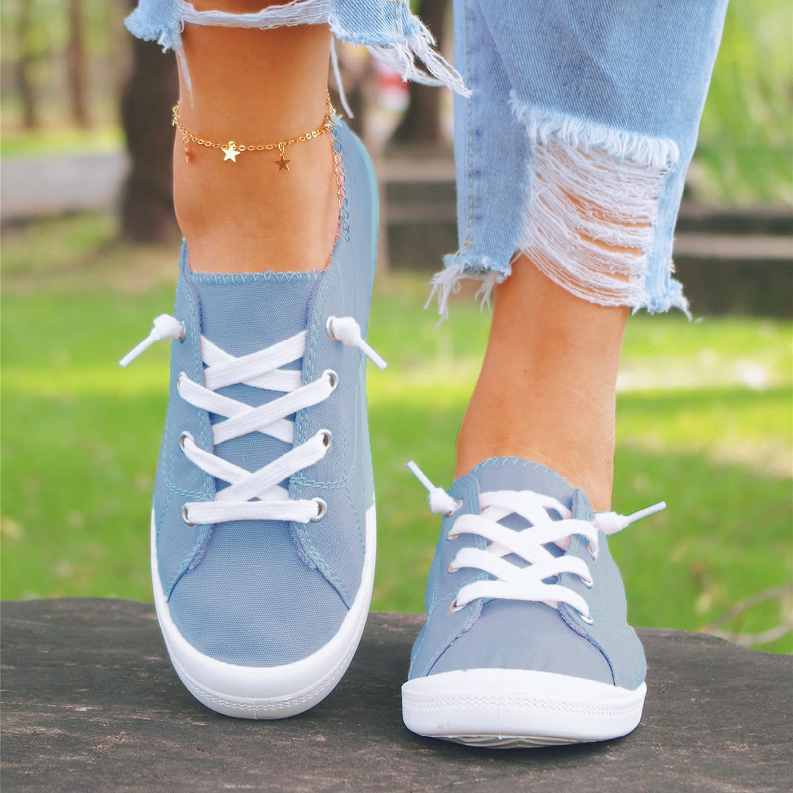 Chaussures basses en toile à enfiler pour femme - Tendance et décontractée - Pour la marche, le tennis, l'entraînement, la gym, l'athlétisme - Mocassins légers à lacets