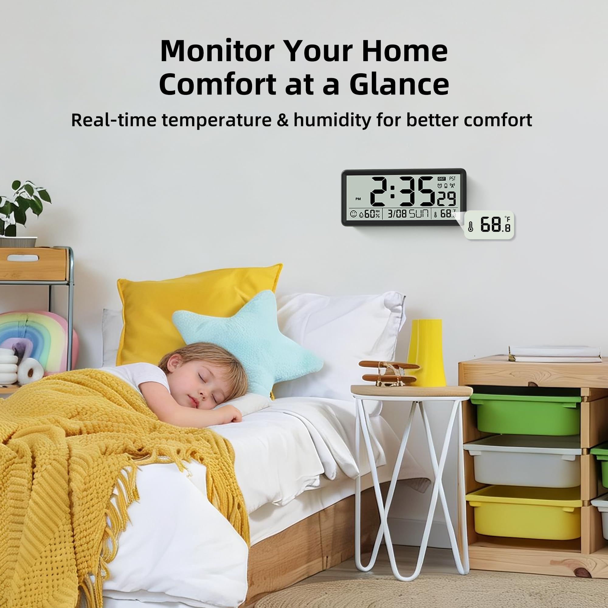 EASYERA Reloj atómico grande de 15 pulgadas con temperatura interior y humedad, reloj de pared digital que funciona con pilas, autoajuste con DST automático, para cocina, aula, sala de estar (pilas no