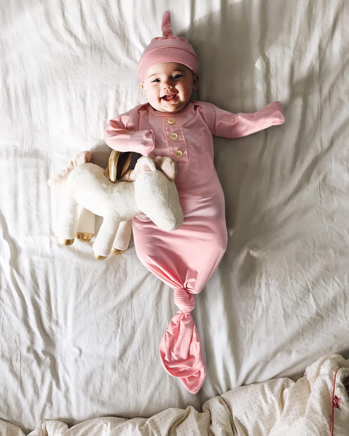 Newborn Baby Knotted Gown, Super Soft Silky Infant Long Sleeve Sleeper with Tie Bottom, Baby Girl and Boy Sleep Gown with Mittens, Bow, and Hat Set,Coming Home Outfit[Sweet Pink,0-3 Months] - Image 6