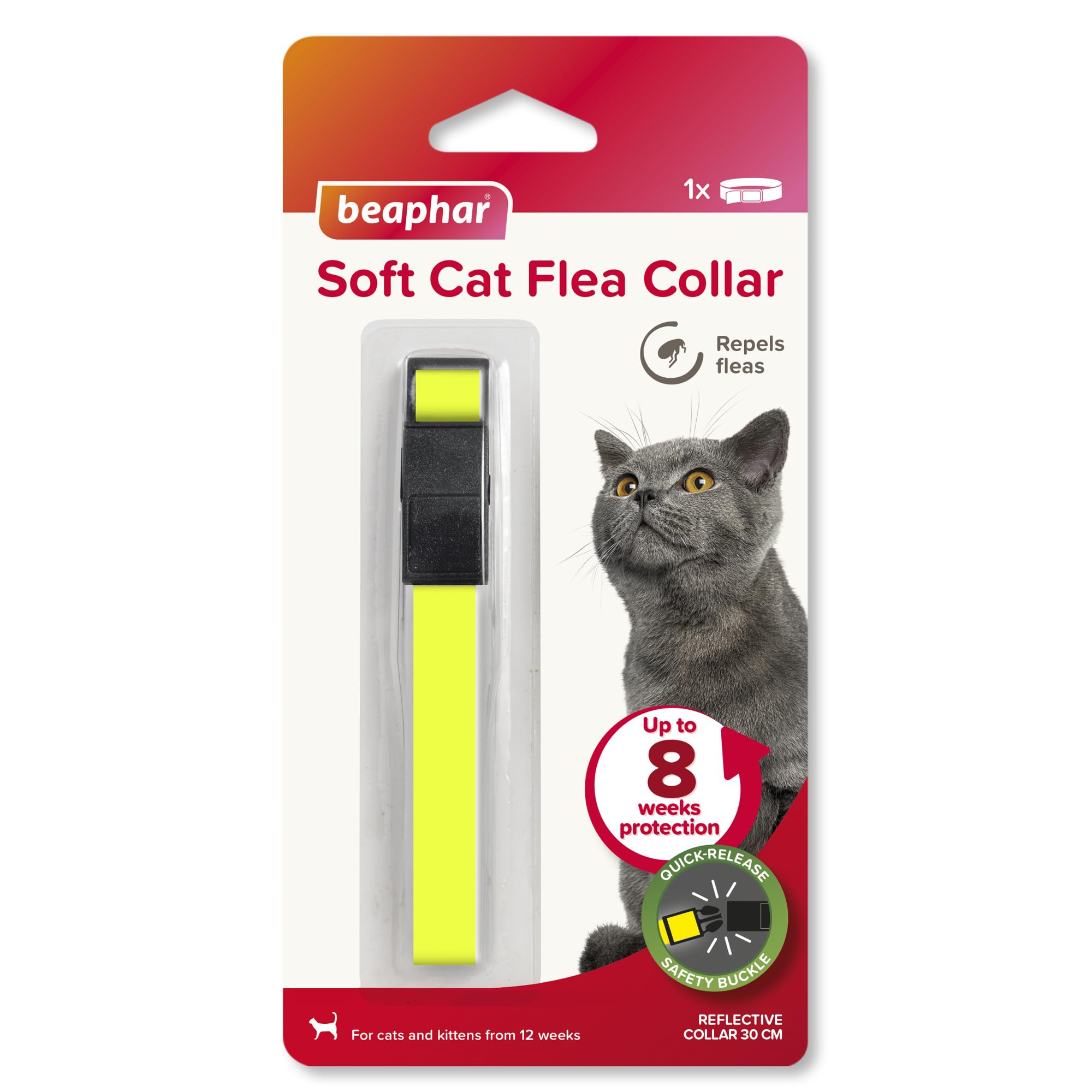 BEAPHAR YELLOW REFLECTIVE CAT FLEA COLLAR 8 WEEK PROTECT REPELS FLEAS W/BELL