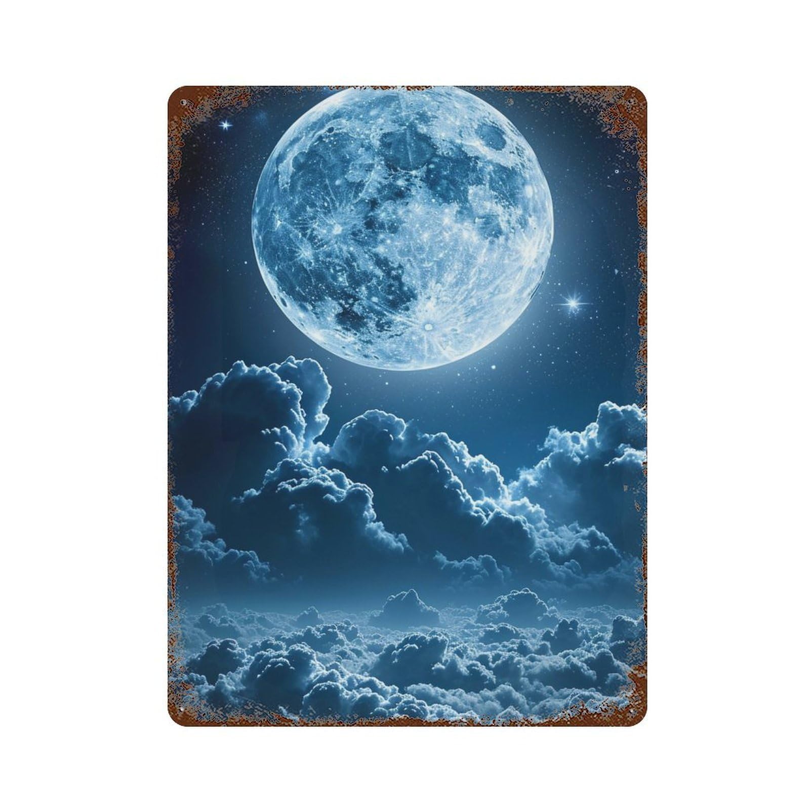 Moonlit Sky Scene 15.7"x11.8" Vintage Rust Metal Sign, Shabby Chic Decor for Cafe, Home Bar And Lounge Decor