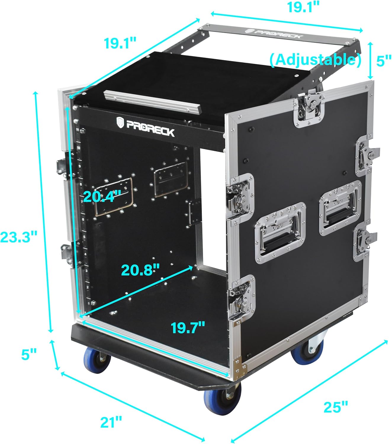 PRORECK 12U Rack/Road Case With Slant Mixer Top, And Casters, 20'' Rackable Depth, Plywood, 12U Installation Size, Pro Stage Performance