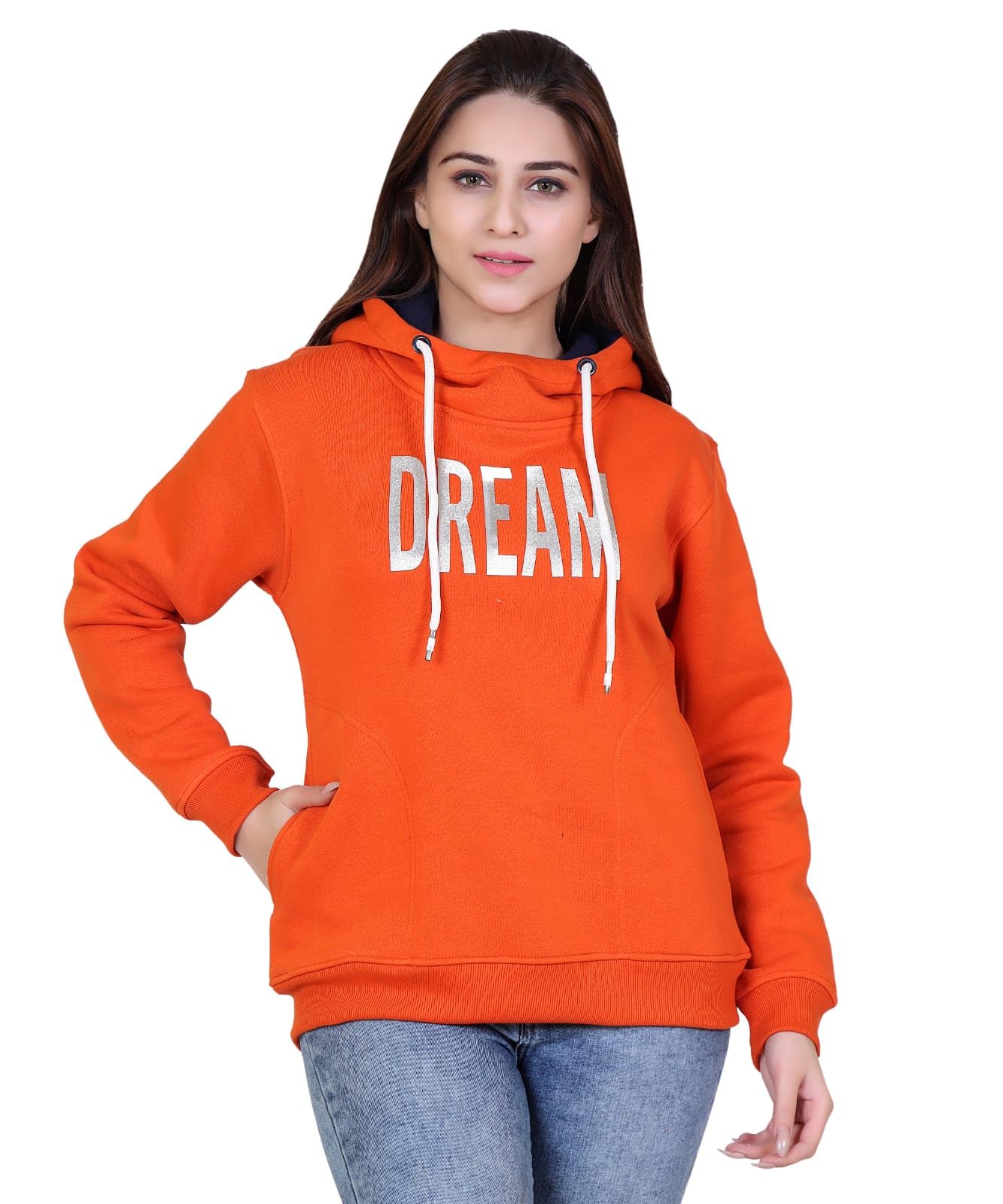 hold Women's Dream Print Hooded Sweatshirt, Orange Fleece, Casual Pullover with Kangaroo Pocket-picture-25