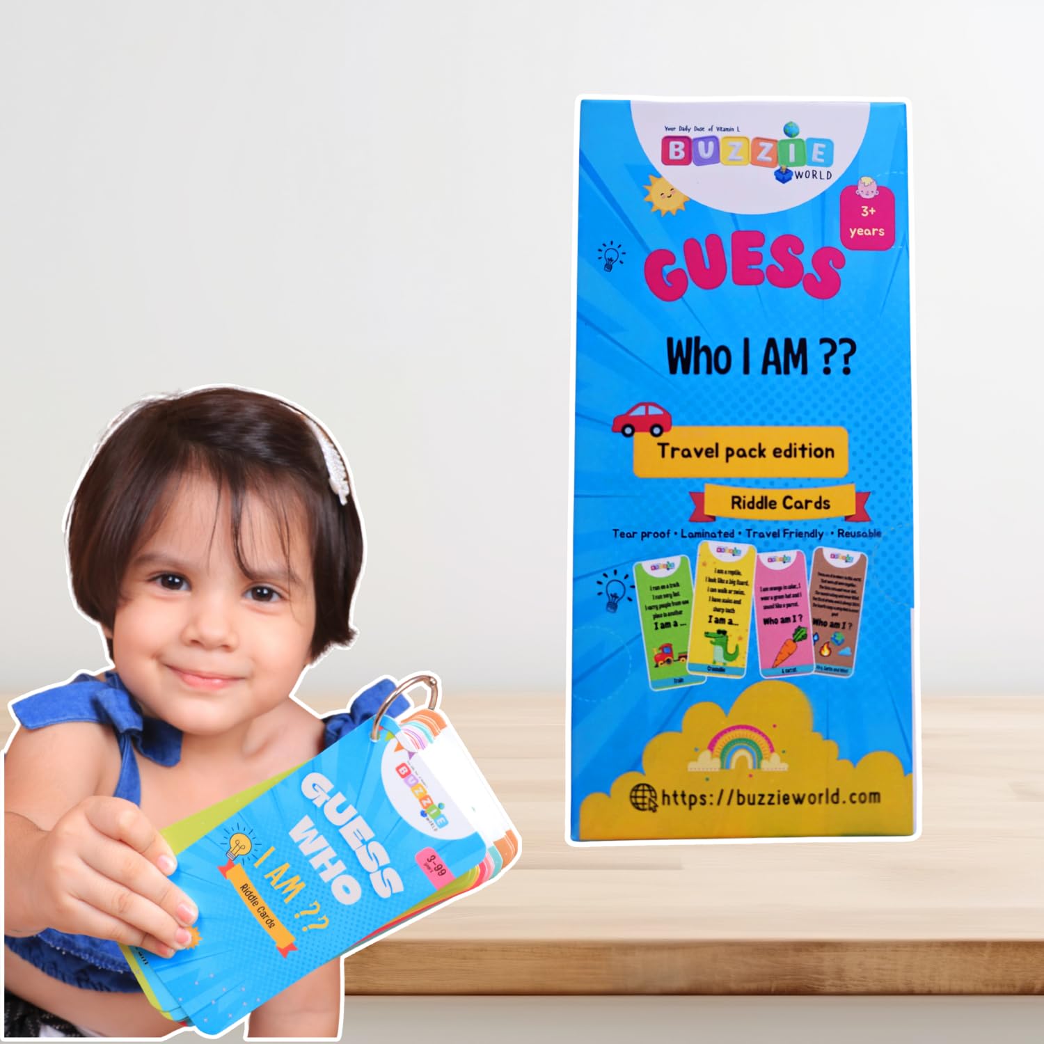 Buzzie - Guess Who I Am? Riddle Cards | Flashcards for Kids, Preschooler, Children | Return Birthday Gifts | Travel Pack | Screen Free | 3-99yrs | Pack of 30 Double Sided flashcards | 30X2 Riddles