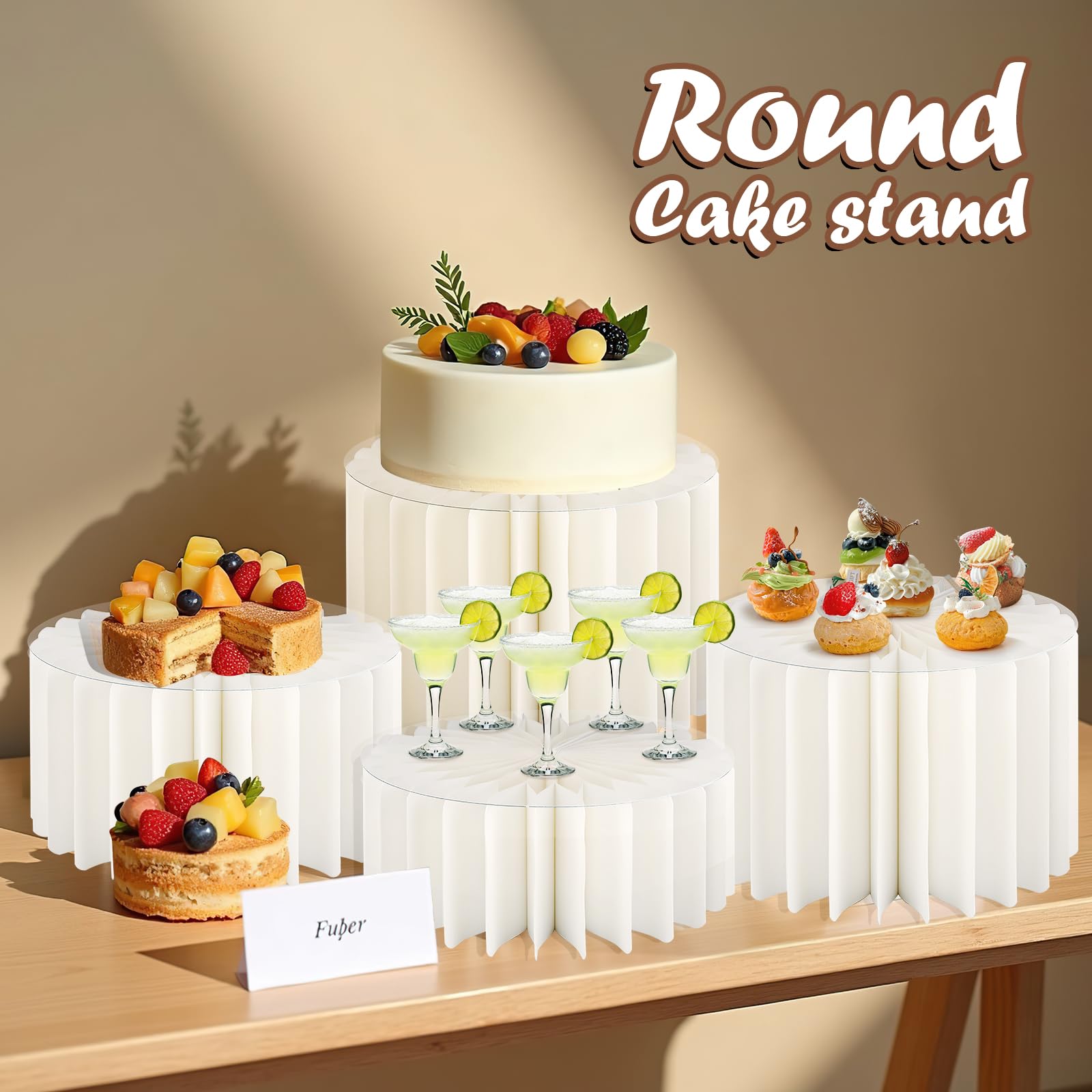 Lot de 6 rehausseurs de buffet en papier blanc avec cartes de présentation, assiettes en acrylique, présentoirs pliables pour fête, mariage, anniversaire (4 tailles)