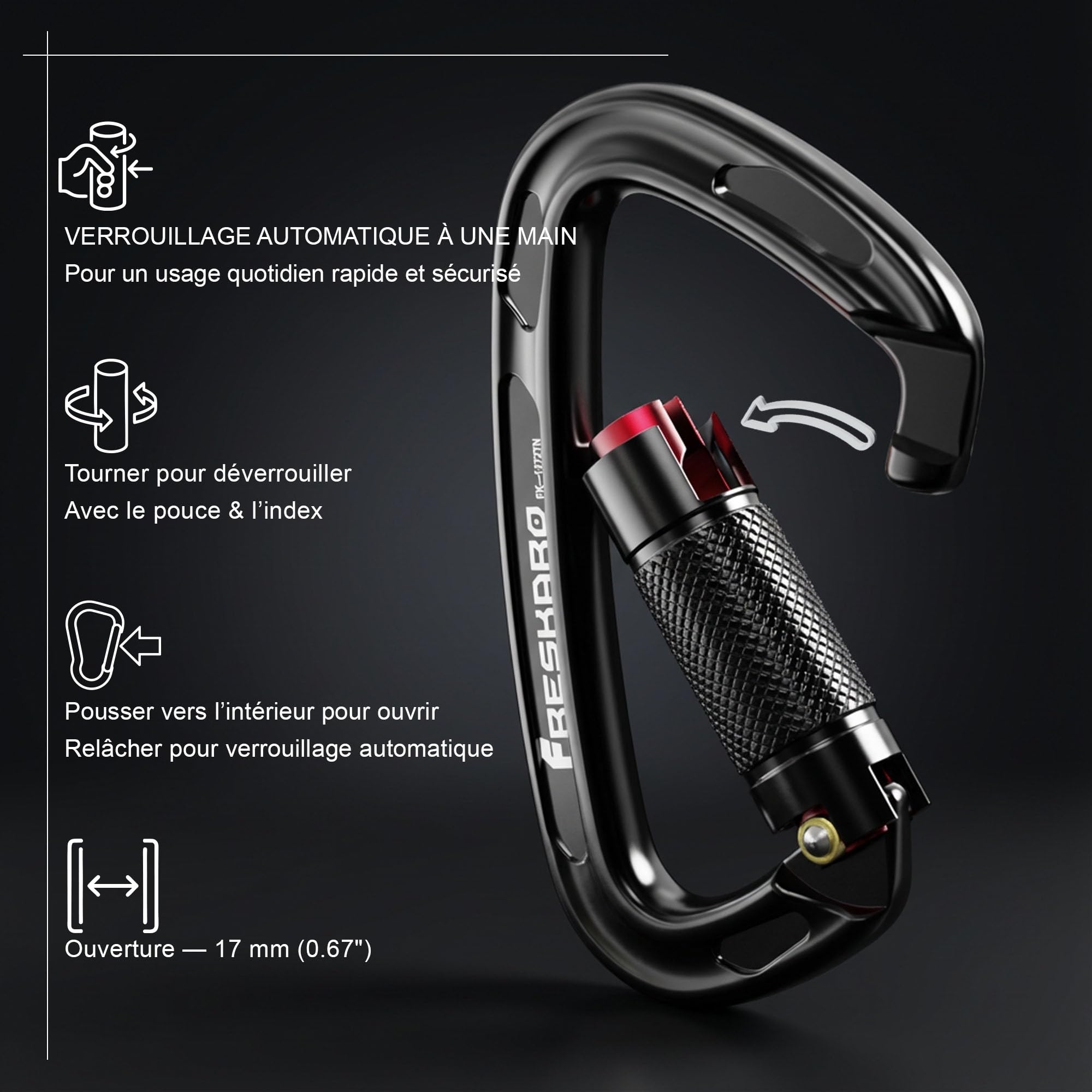 FresKaro Carabiner Climbing, Carabiners Automatic Locking, certifié CE & UIAA, pour l’Alpinisme, l’Escalade à Bascule ou Les utilisations Professionnelles à Forte Demande.
