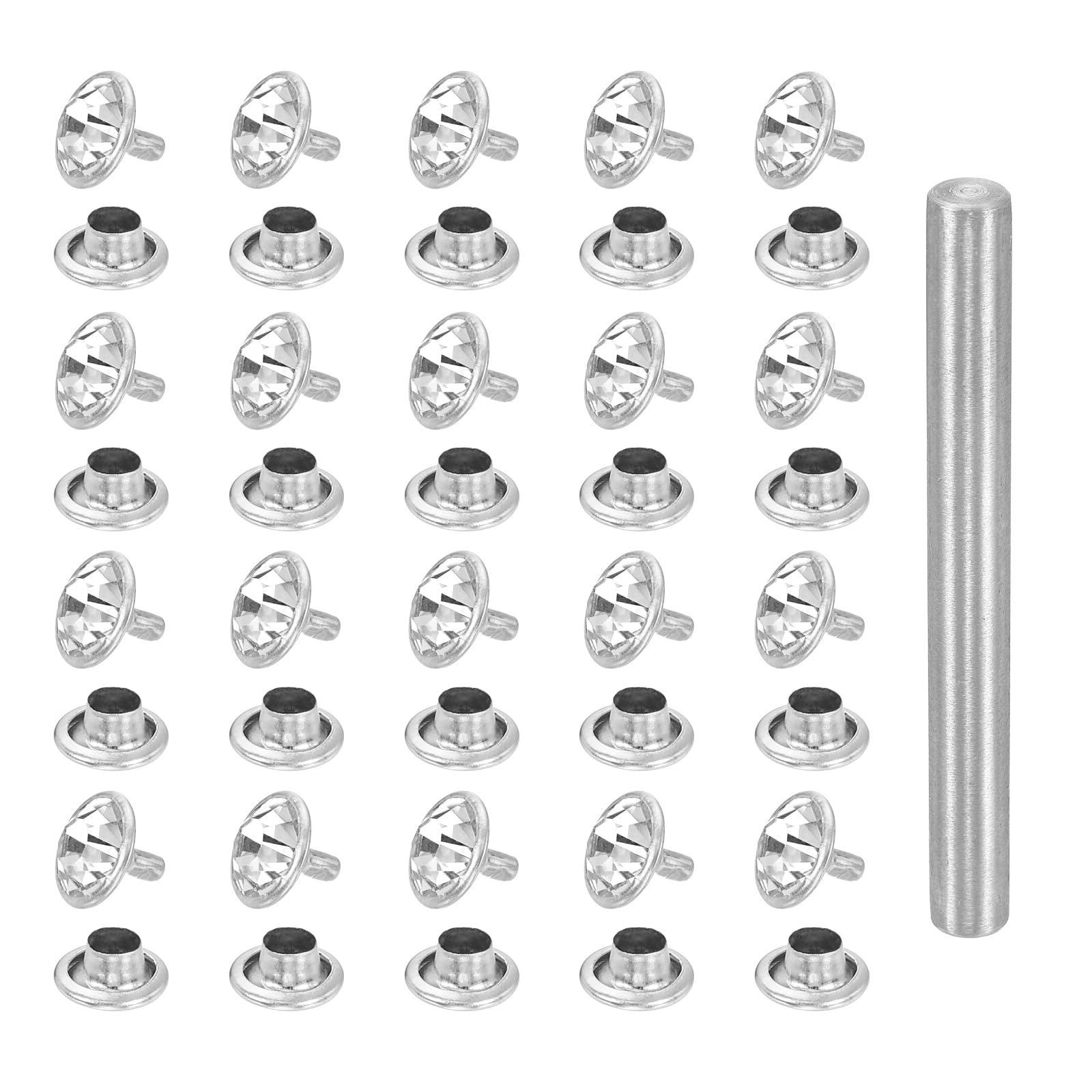 sourcing map 100pcs Crystal Rivets 12mm Rhinestone Rapid Stud Rivets with Steel Installation Tool for Clothing Leather Fabric Arts Crafts Decoration Leathercraft, Silver White โ image 1