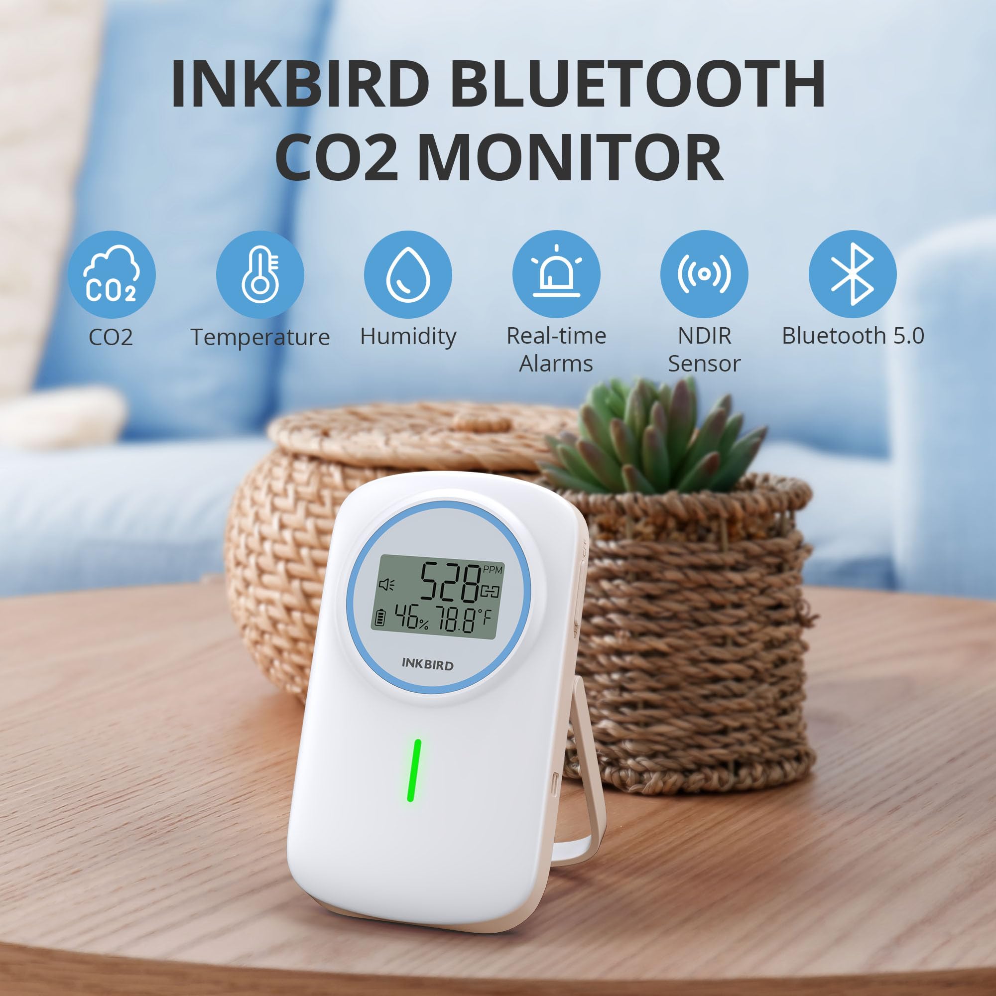 INKBIRD Smart 3-in-1 CO2 Monitor with Bluetooth | Air Quality Monitor Detects CO2, Temperature, Humidity | Indoor CO2 Detector with Dual Alarm for Home, Office, Grow Tent, Travel etc.
