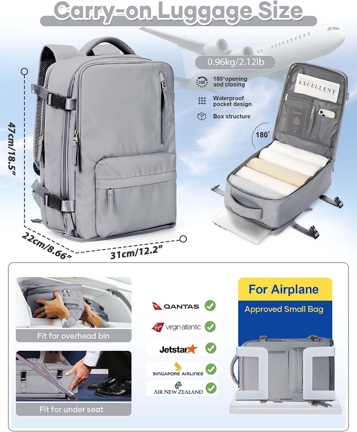 WONHOX Large Travel Backpack Women, Carry On Backpack,Hiking Backpack Waterproof Outdoor Sports Rucksack Casual Daypack with USB Charging Port Shoes Compartment, Grey