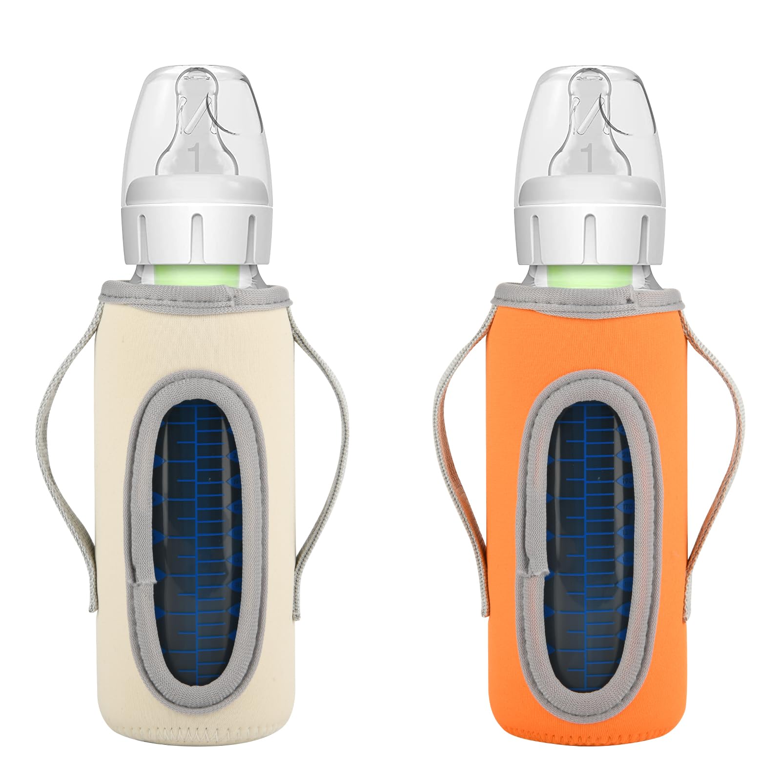 Beautyflier Glass Baby Bottle Sleeve Covers for Dr. Brown’s Natural Narrow Baby Bottles 8 oz with Dual Handle, 3.3mm Thicken Heat and Cold Retention Baby Bottle Sleeve (Orange+Beige)