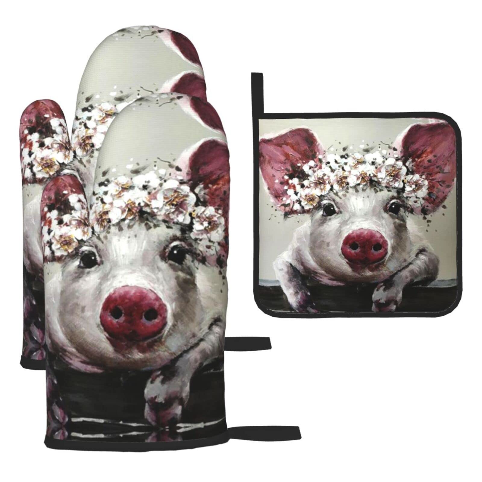 Flower Pig Oven Mitts and Pot Holder Kitchen Set for Grilling, Cooking, Baking, Heat Resistant