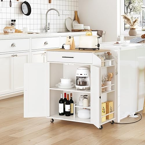 Miniatura 3 de HOOBRO Isla de cocina con toma de corriente y paquete de isla de cocina, carrito de cocina rodante sobre ruedas, para el hogar, cocina y comedor,