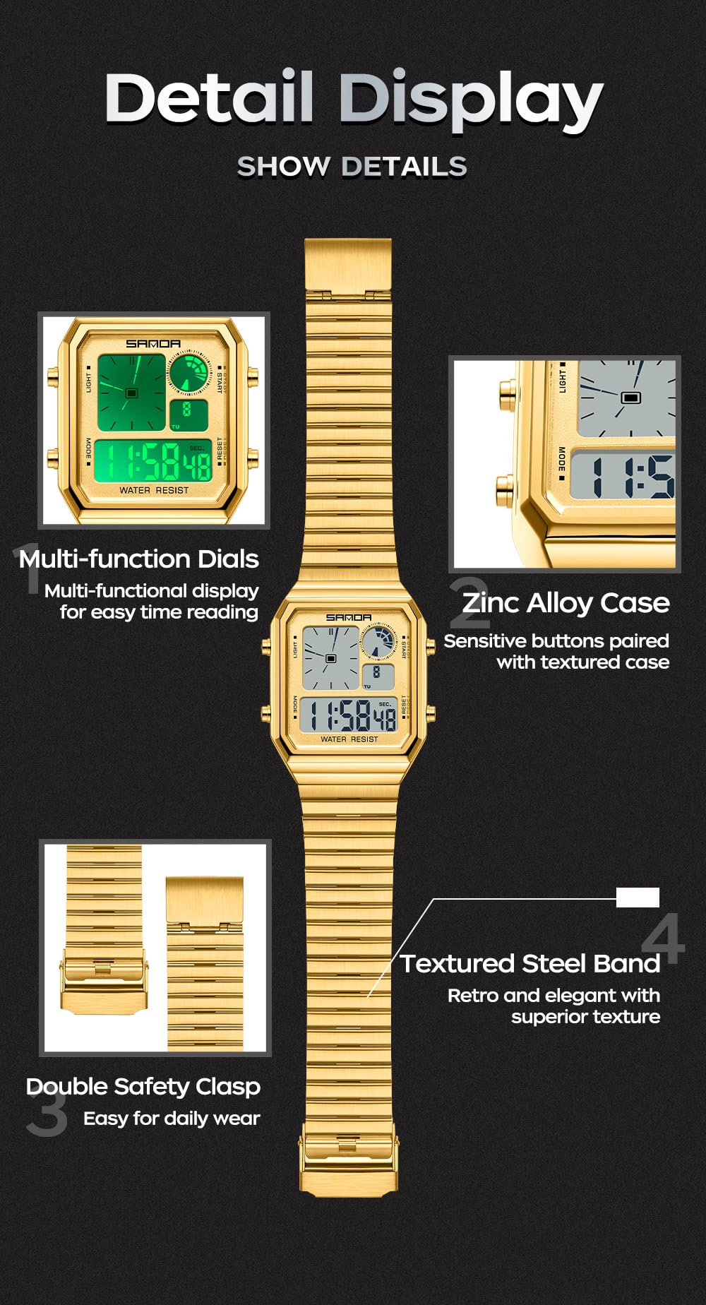 Gosasa Reloj digital cuadrado retro para hombre, correa de metal texturizado