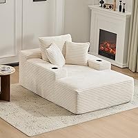 ETCZOYE 66" Oversized Corduroy Chaise Lounge Chair Sleeper Sofa Bed, No Assembly, 3 Pillows & Cup Holders, White