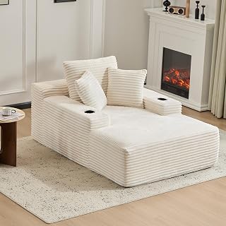ETCZOYE 66" Oversized Corduroy Chaise Lounge Chair Sleeper Sofa Bed, No Assembly, 3 Pillows & Cup Holders, White