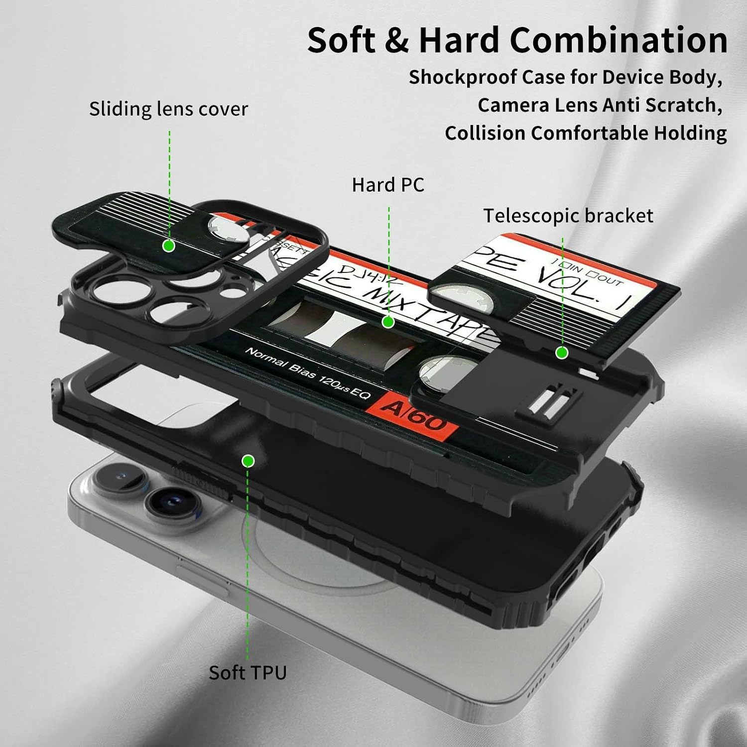 Rossy for iPhone 15 Pro Phone Case 2023 with Slide Camera Cover Built-in Kickstand Dual Layer Hybrid Shockproof Protective Cover Case for Apple iPhone 15 Pro 6.1 inch,Retro Audio Cassette image 3