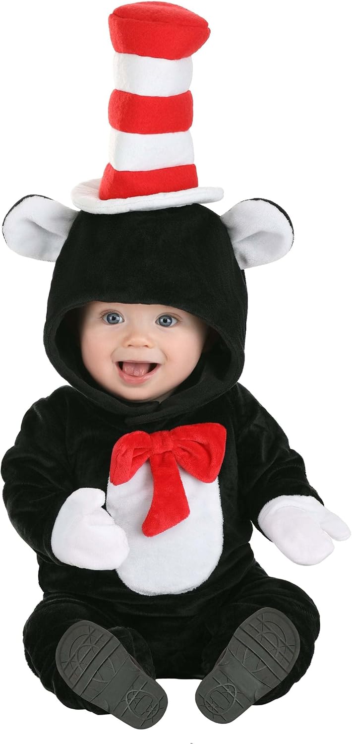 Infant The Cat in The Hat Costume - Velour Jumpsuit with Hood, Attached Hat, and Stuffed Tail