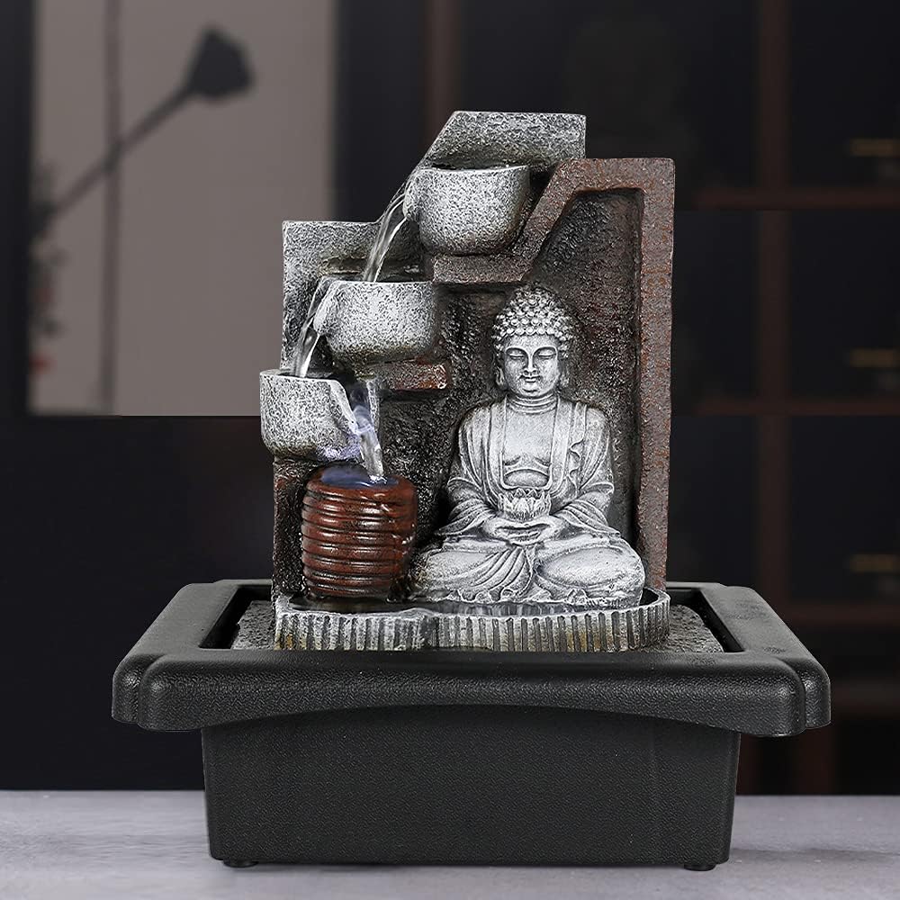 10 3/5”H Buddha Tabletop Fountain for Home&Office, Decorative Sculpture Meditation Indoor Fountain