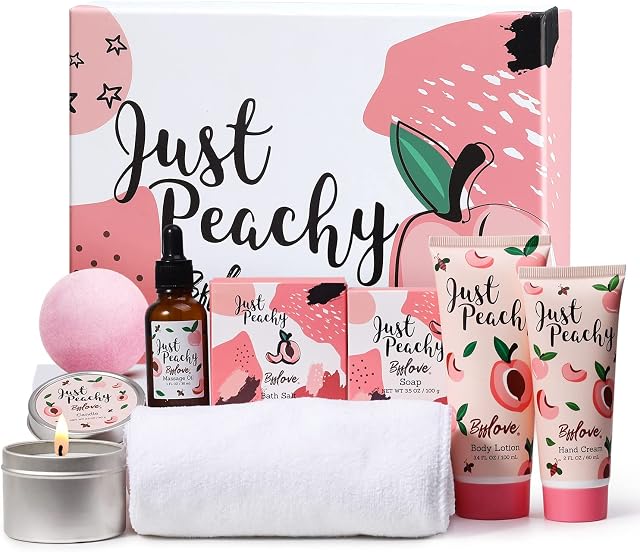 Pamper Gifts for Women,Spa Gift Box 8PCS Peach Scent Included Hand Cream,Towel,Bath Bomb,Candle,Oil,Birthday Gifts for Women,Beauty Gifts Sets for Women,Bath Sets for Women Box Gifts,Mothers Day Gift