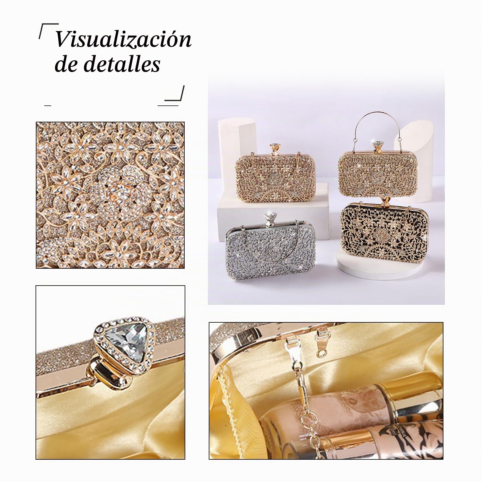 CORIOS Bolsa de Noche para Mujer Diamantes de Imitación Clutch Bolso de Fiesta Pequeña Bolso de Boda Bolsos Bandolera con Cadena Elegante Bolso de Hombro para Fiesta Banquete Boda Plata