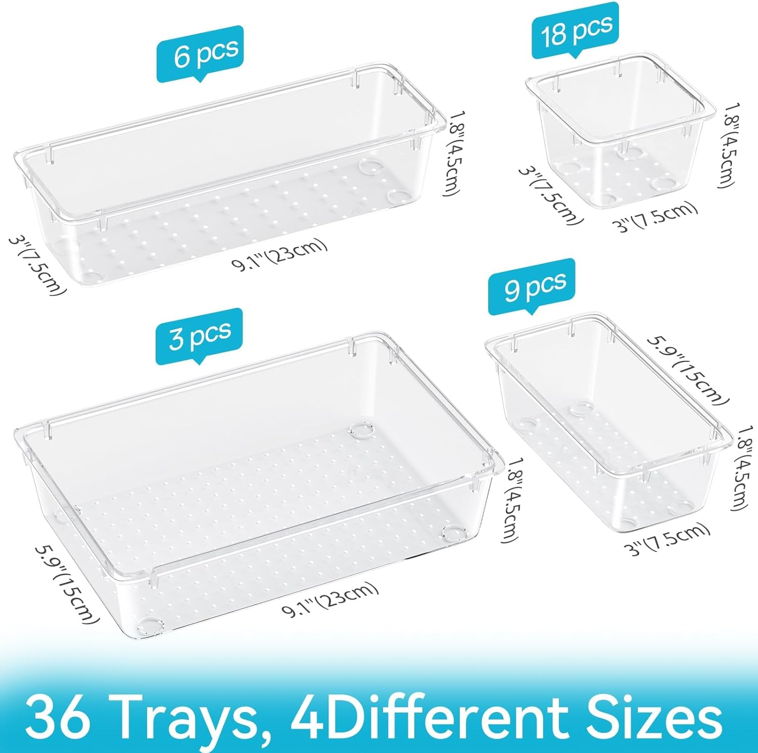 ElegantArray 36 PCS Drawer Organizer Set, 4 Sizes Tool Storage Trays, Clear Plastic Makeup Vanity Organizer and Storage Bins for Makeup, Stationeries, Multiple Gadgets for Bathroom, Office, Bedroom