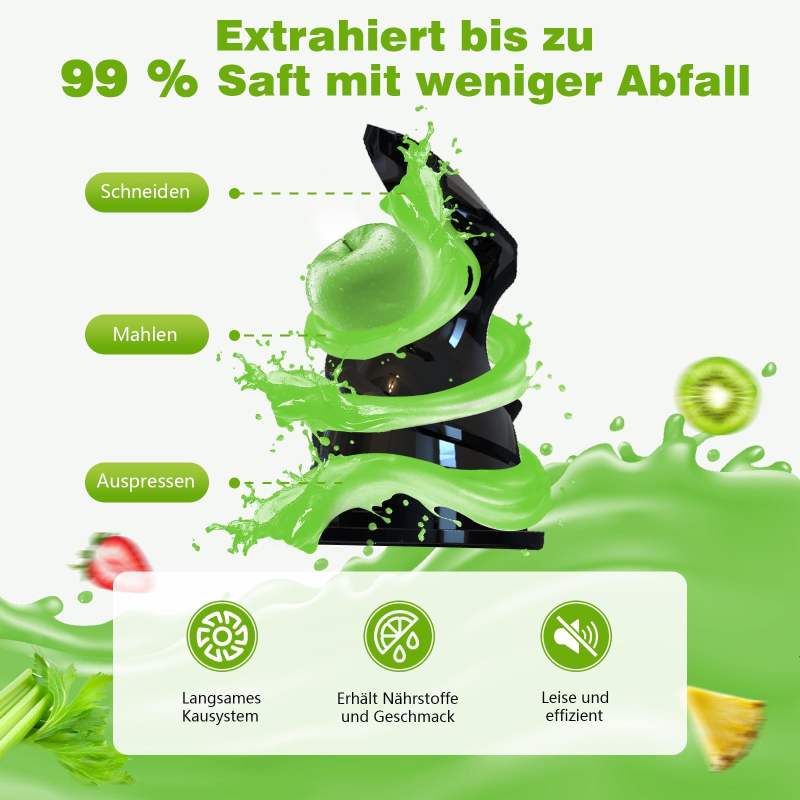 Extracteur de Jus – Slow Juicer avec Goulotte XL 147 mm et Moteur 400 W, Rendement Élevé et Préservation des Nutriments, Capacité 1,8 L avec 2 Verres, Sans BPA, Pour Fruits et Légumes Entiers - 3