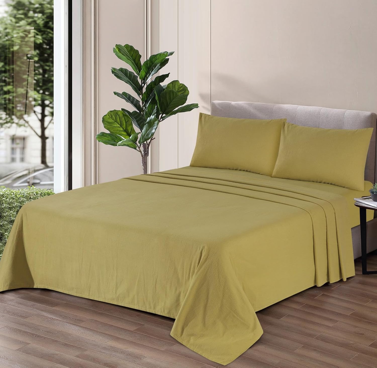100% Brushed Cotton Flannelette Fitted Sheet – Extra Deep 32cm Flat Sheet & Pillowcases Soft Warm Winter Bedding | Single, Double, King, Super King | Multiple Colours (Olive Green, Double-Fitted)