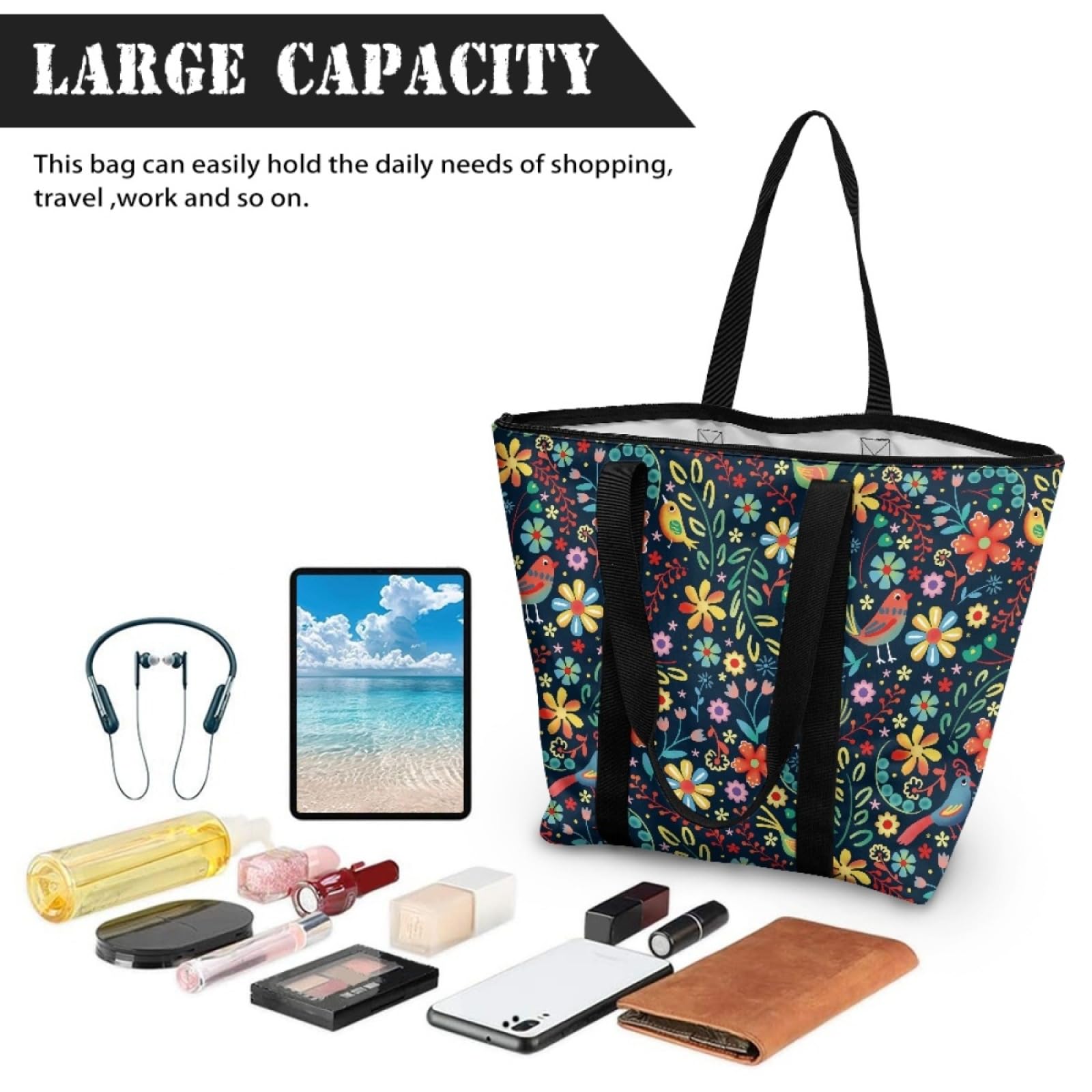 Tote Bag Tela Bolsas de Tela Poliéster Bolso de Mano de Mujer Reutilizable Bolsa Compra Plegable Tote Bag Cremallera Bolso Viaje Duradero Totebag