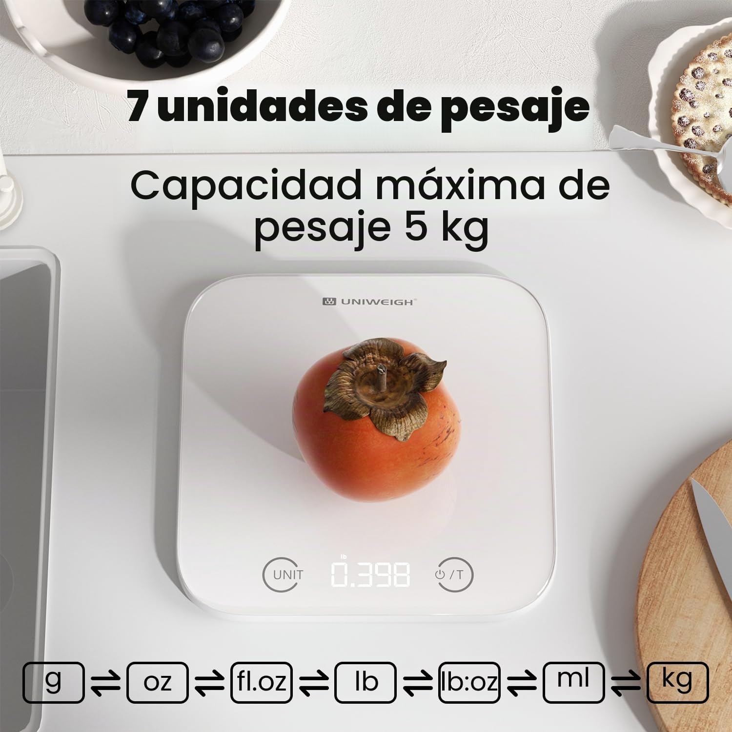 UNIWEIGH Paquete de cocina y baño- Báscula digital de alimentos gramos11lb,Báscula delgada de peso corporal 400lb,Cristal templado,Pantalla LCD con botón táctil,Medición precisa del peso,blanco.