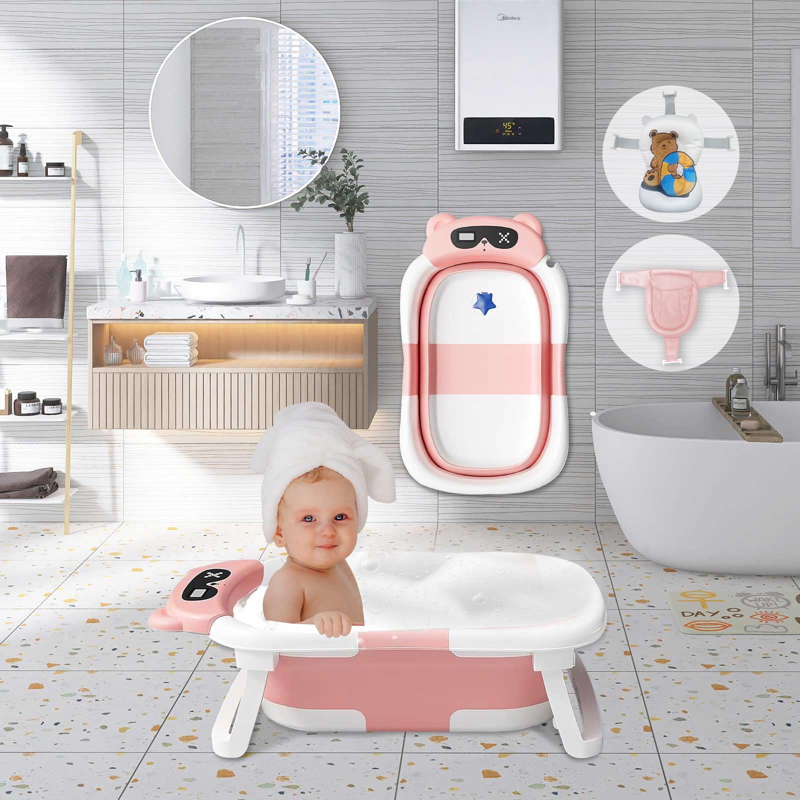 STEUGO Baby Badewanne für 0-18 Monate, Faltbare Babywanne mit Babybadewanne Stützkissen& Thermometer, Portable Baby Bathtub als Wesentliche Artikel für Neugeborene und Kleinkind(Rosa)