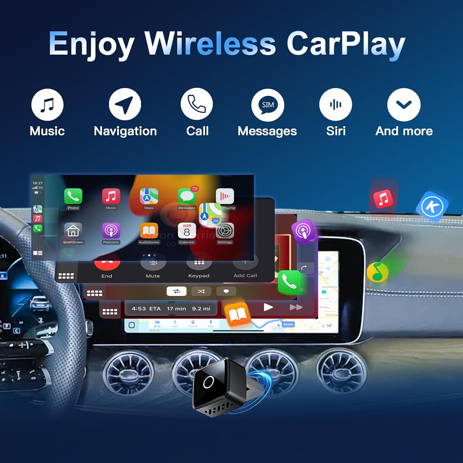Wireless CarPlay/Android Auto Mini Adapter 2-in-1 Plug&Play Dongle for OEM Wired CarPlayAndroid Auto Cars After 2016 Fast Auto-Reconnect Keep Factory Controls Support iOS 10+ / Android 11+