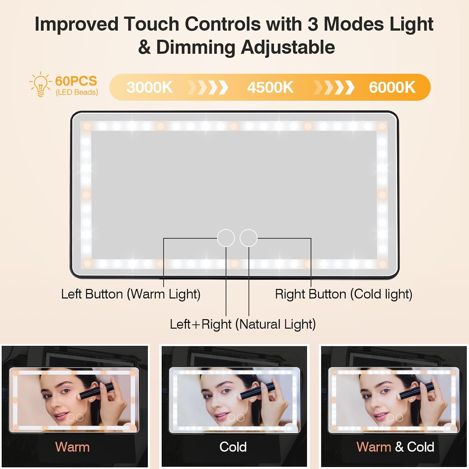2PCs Car Vanity Mirror with Protective Cover, Rechargeable LED Mirror for Car with 3 Light Modes, Touch Control Sun Visor Mirrors with Light