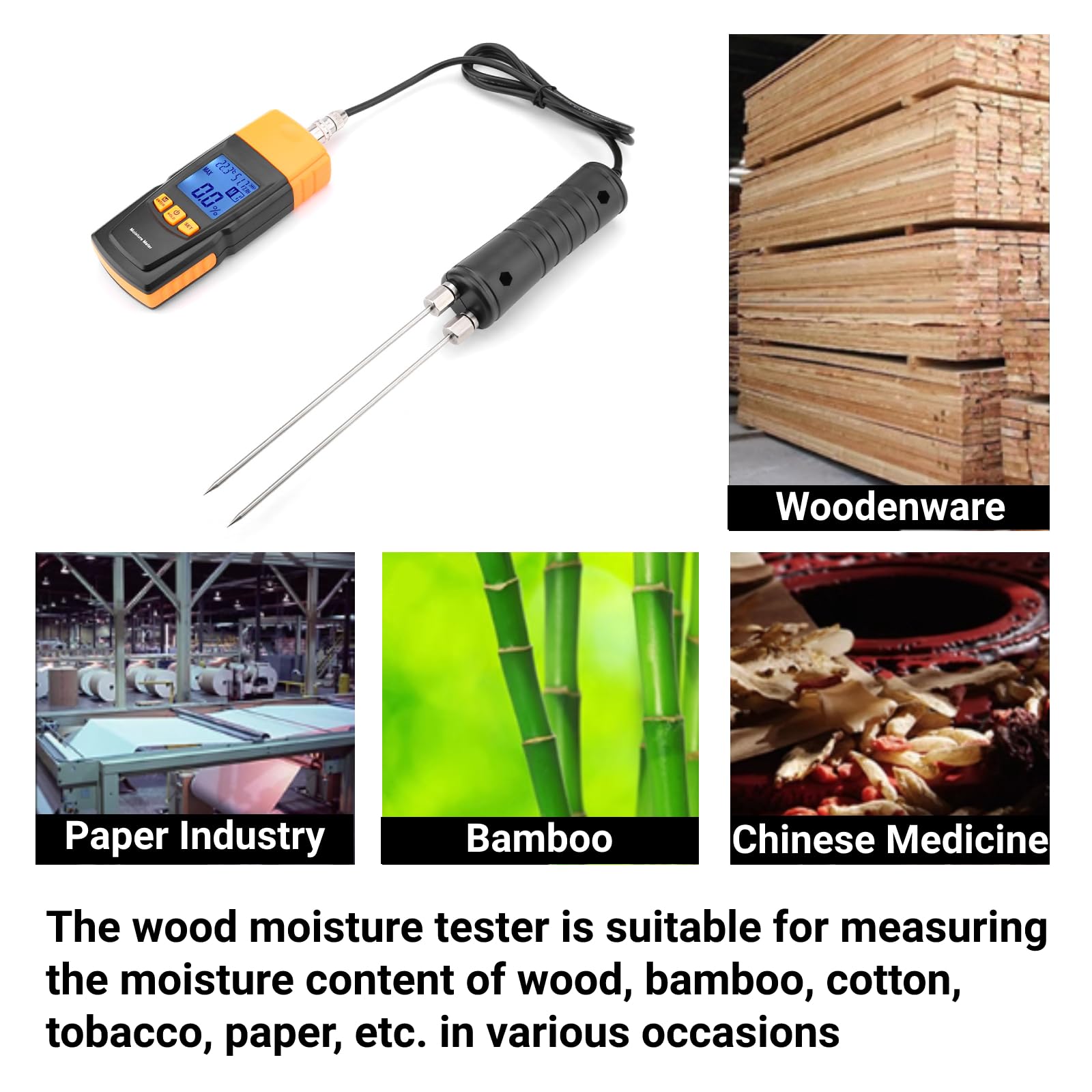Probador de Humedad de Madera Digital con Pantalla LCD y Sonda de Pines Ajustable Rango 2-70% y Temperatura -10-60°C Portátil y Preciso