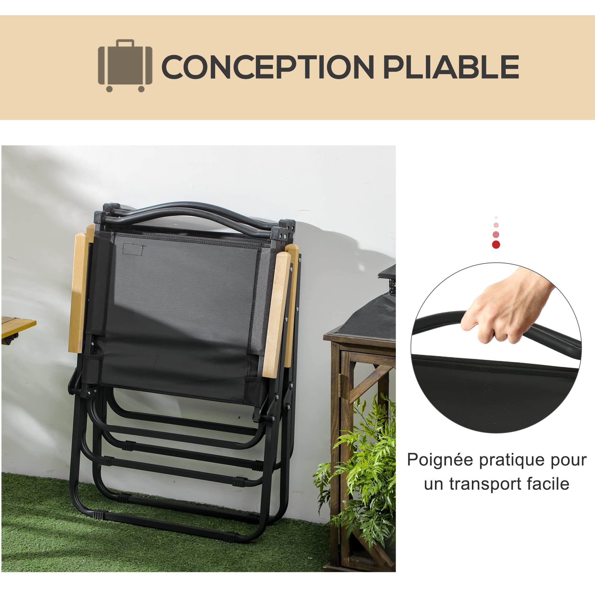 Outsunny Chaise de Camping Chaise de pêche Pliante avec accoudoirs - Tissu Oxford et Structure Acier - 54 x 59 x 78 cm - Noir