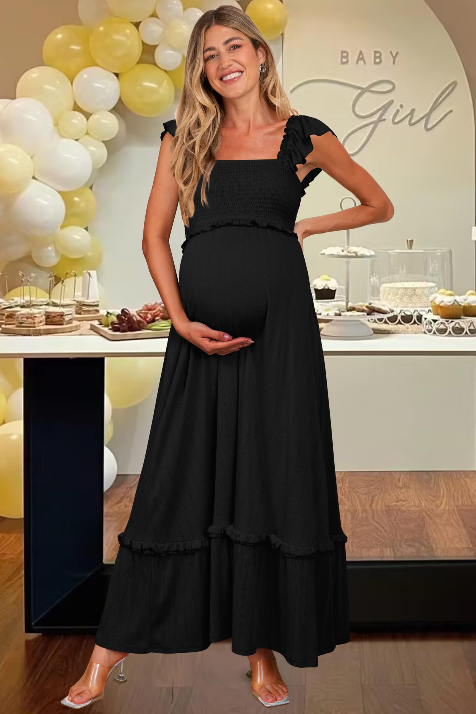 OUGES Donna Estate maternità Photoshoot Dress Boho Maxi Smocked Baby Shower Dress