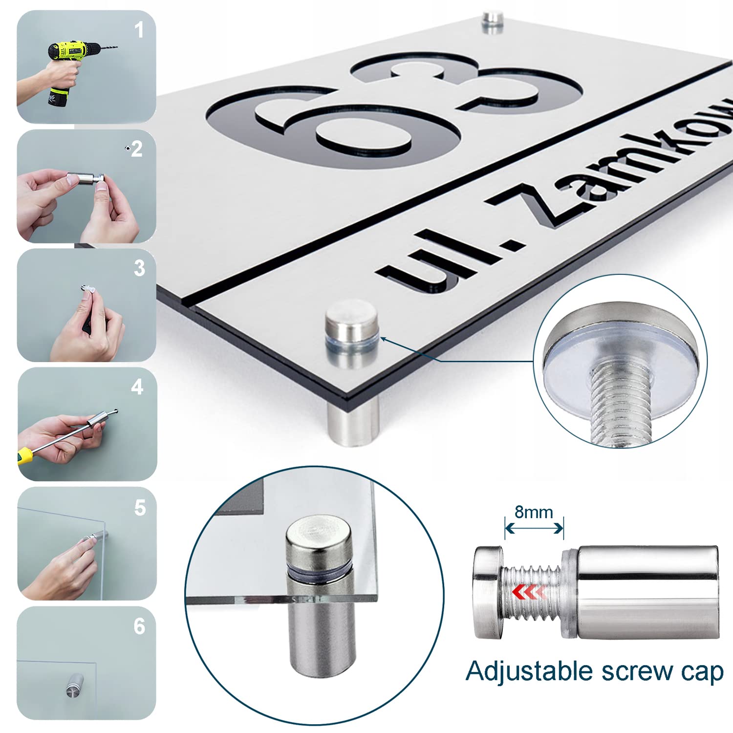 Kit 4 Distanziali Per Targhe In Alluminio MINI 12, Con Cappuccio A Vite E Tasselli, Effetto Acciaio, Per Fissaggio A Parete, Spessore Max 5mm