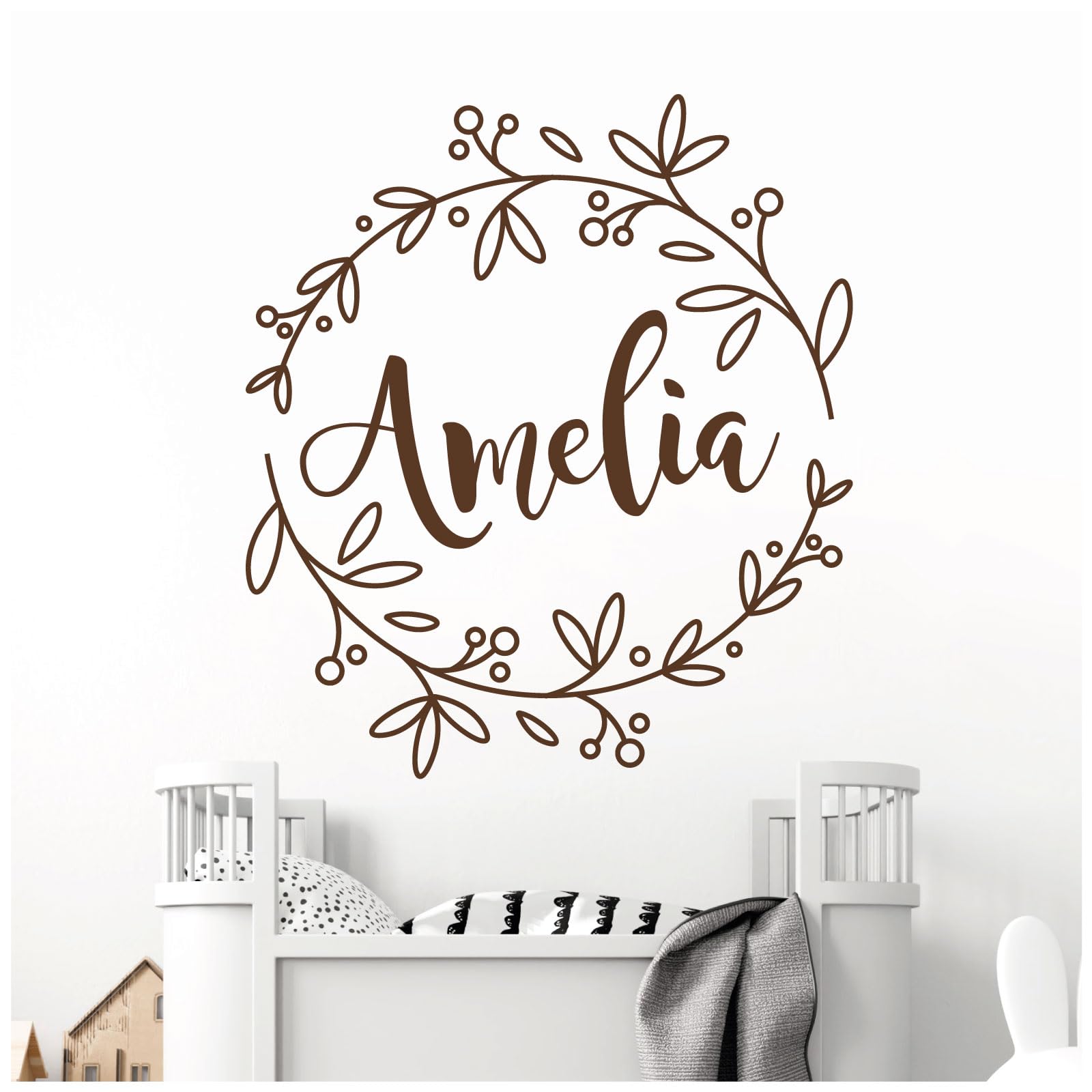 Personalised Name - Floral Wreath - Nursery Vinyl Wall Decal Sticker [Large] [Chocolate]