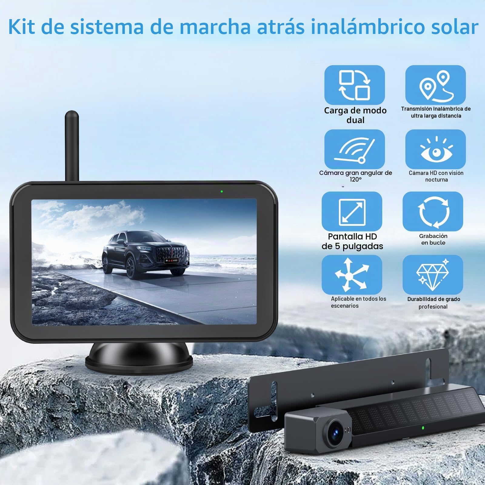 Cámara de Marcha Atrás Solar Inalámbrica, Cámara de Marcha Atrás Digital de 5 Pulgadas, 1080P Monitor,con Transmisor Inalámbrico Integrado, Ayuda de Aparcamiento, IP66 Resistente (5 Pulgadas)