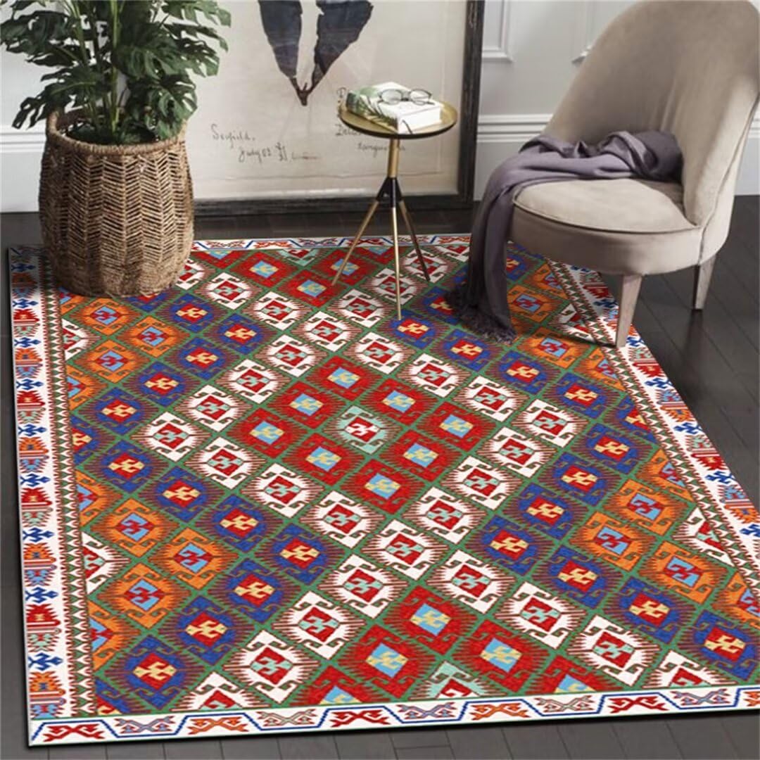 Tapis de salon lavable et grand tapis rouge géométrique anti-tache