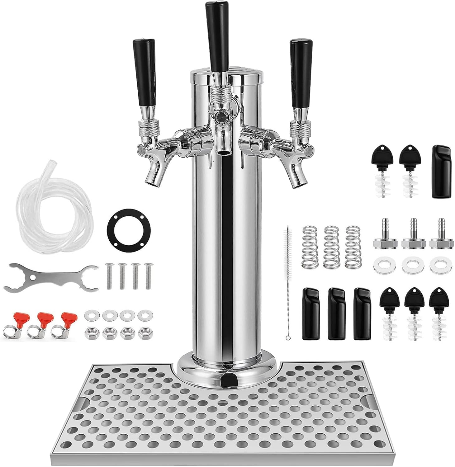 Self-closing Triple Tap Beer Tower with Stainless Steel Drip Tray, Stainless Polished 3” Flange Kegerator Beer Tap Tower with Pre-Assembled Tubing & Non-slip 4.4” Cutout Kegerator Drip Tray
