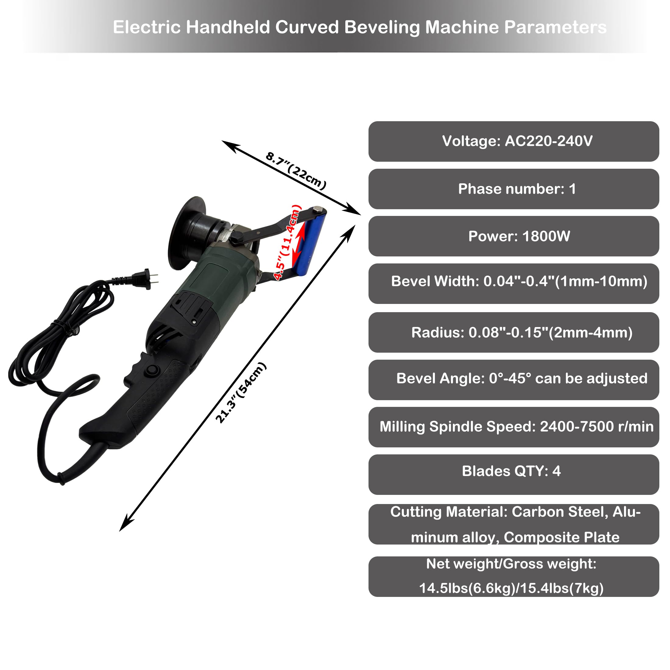 INTSUPERMAI Electric Handheld Curved Beveling Machine 0°-45° Beveling Machine Adjustable Curved Edge Chamfer Tool 0.04