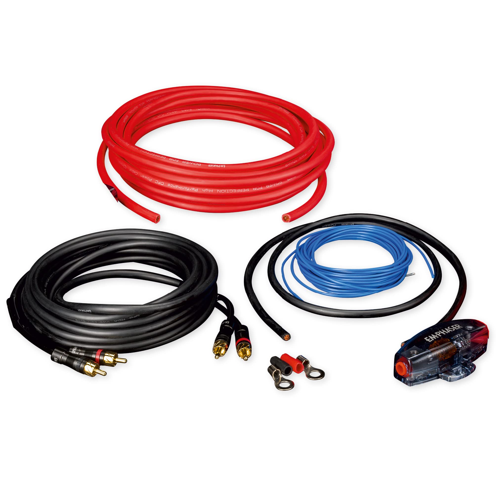 EMPHASER ESP-RP10 - Set di cavi Powerk di alta qualità per il collegamento di un amplificatore, Power Kit per auto e camper da viaggio, 10 mm, 5 m, cavo RCA da 5 m, remote, portafusibili