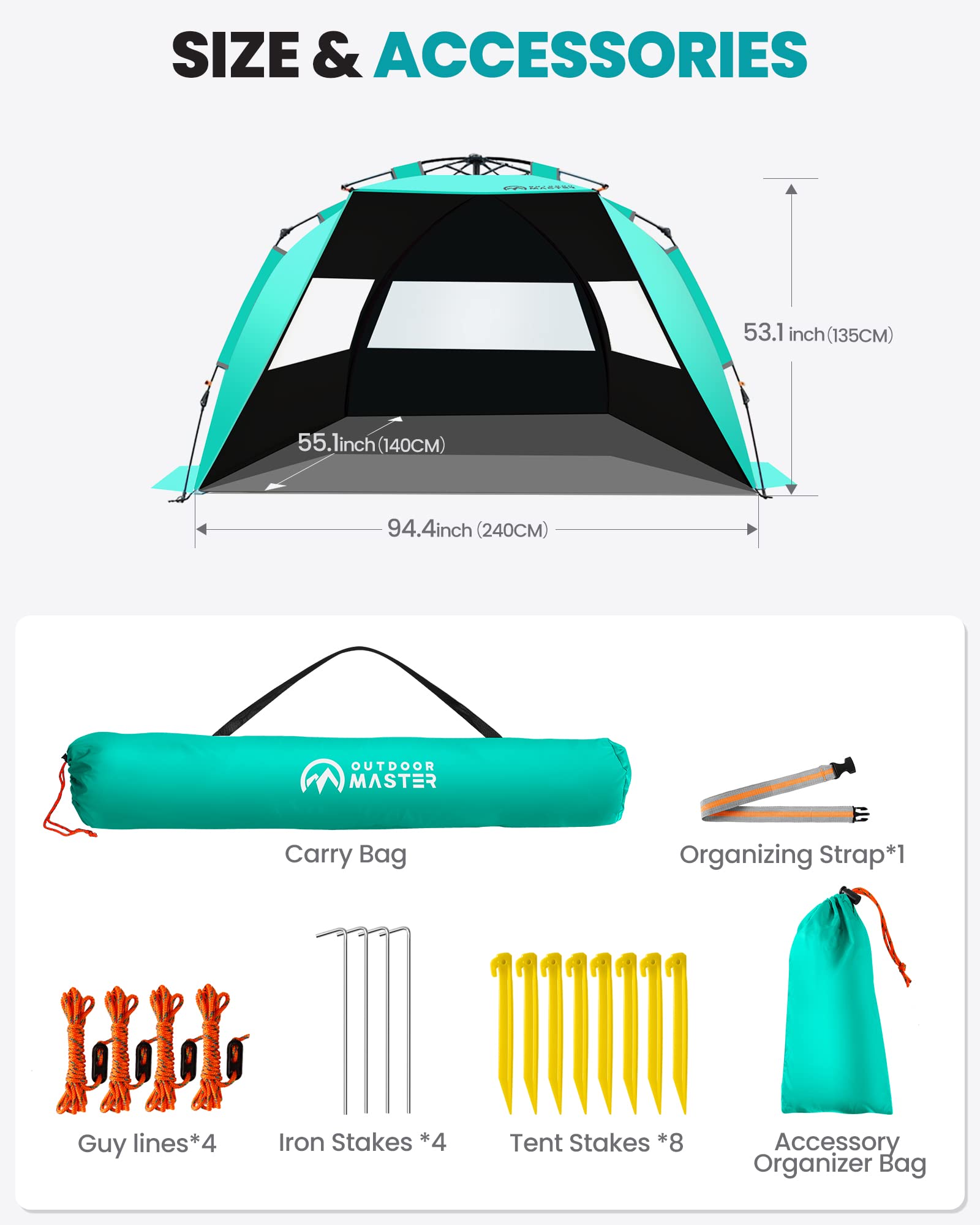 OutdoorMaster Tente de Plage avec Technologie d'abri Sombre, Pare-Soleil Portable pour 4 à 6 Personnes avec Protection UV UPF 50+, Installation Facile, Taille familiale